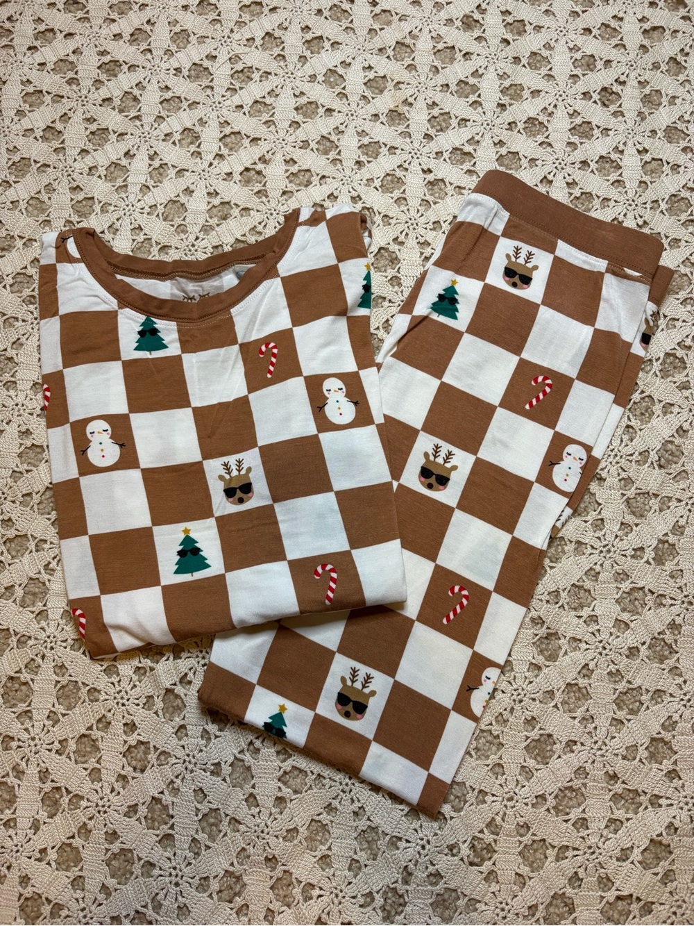 Little Sleepies Brown & White Checkered Christmas/Holiday Pajama Set Unisex 9/10